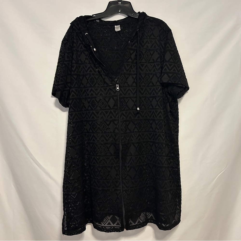Jaclyn Smith Collection Chevron Diamon Mesh Pattern‎ Zip Up Hooded Cover Up